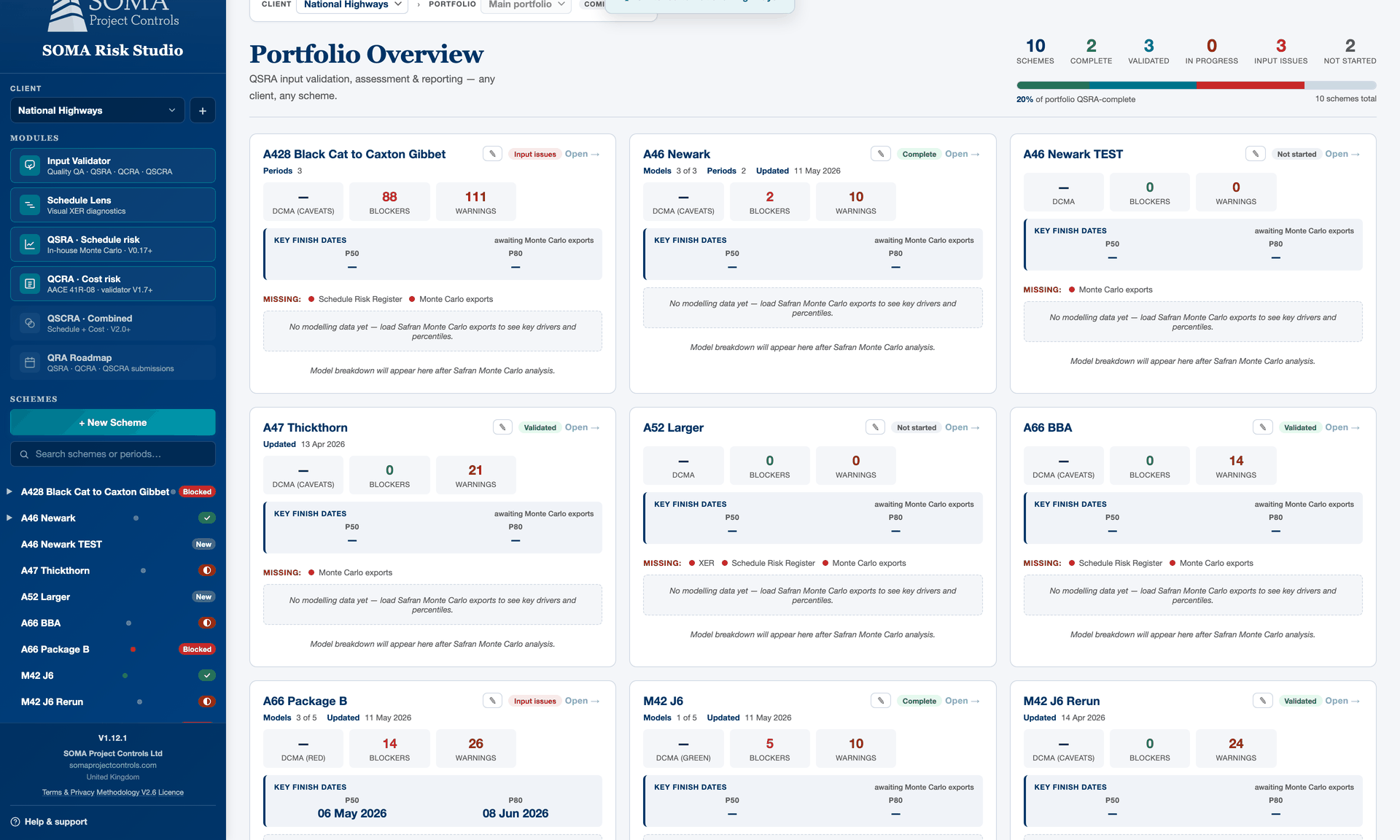 SOMA Risk Studio portfolio console on a major UK infrastructure programme